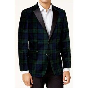 Tommy Hilfiger Men's Modern-Fit Tartan Velvet Green Plaid Dinner Jacket Size 40R